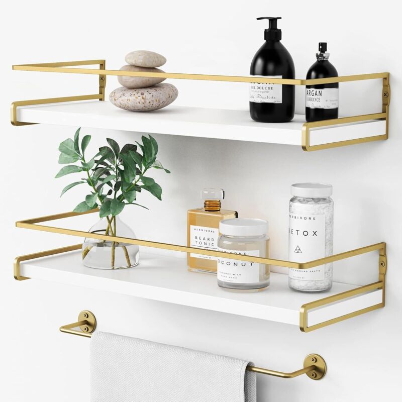 Organiseur de salle de bain moderne blanc et doré avec barre de rangement, rangement mural décoratif pour petits espaces, lot de 2