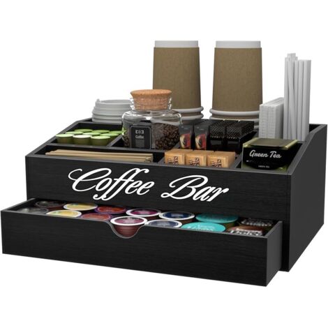 Organiseur de station de café, support de dosettes de comptoir en bois extra large avec tiroir, rangement pour condiments, sirop, tasses à thé, décoration de bar rustique pour accessoires (2