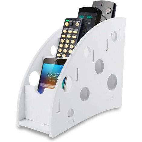 Organiseur de télécommandes à 4 compartiments, blanc, pour ranger télécommandes et téléphones portables, boîte de rangement en bois composite.