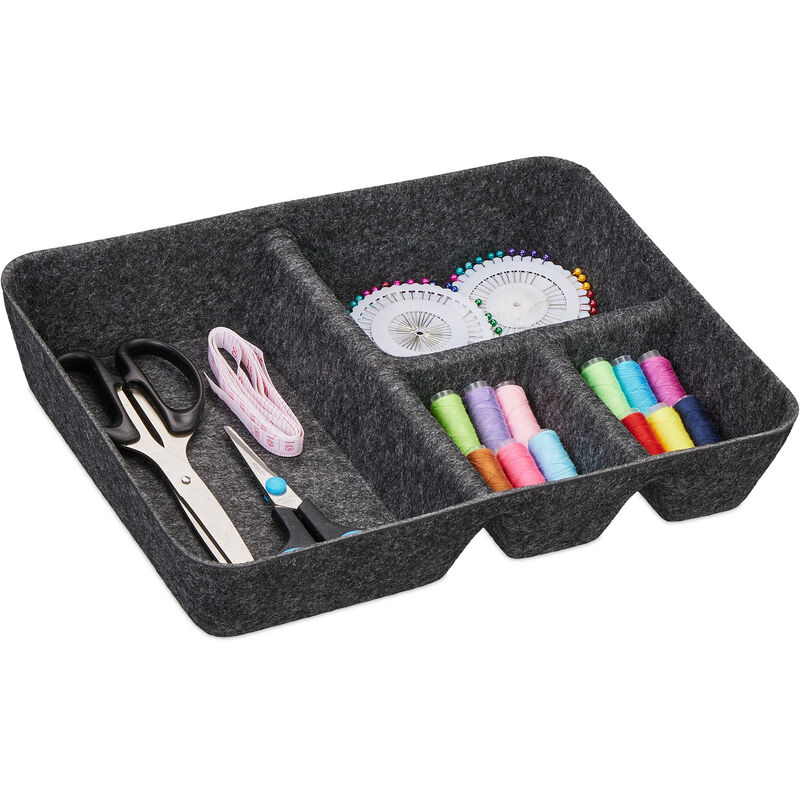 Organiseur de tiroir, rangement pour bureau, HxLxP : 6,5 x 32 x 25 cm, 4 compartiments, feutre, gris foncé - Relaxdays