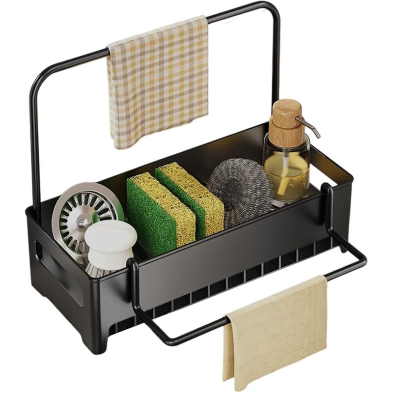 Organiseur d'évier de cuisine – Support de rangement avec barre de serviette, support d'éponge auto-drainant pour évier de cuisine pour nettoyer