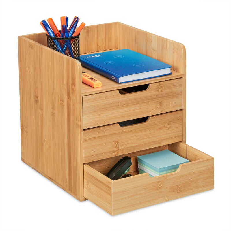 Organiseur en bambou, 3 tiroirs, matériel bureau, HxLxP : 33x30x31 cm, rangement espace de travail, nature - Relaxdays