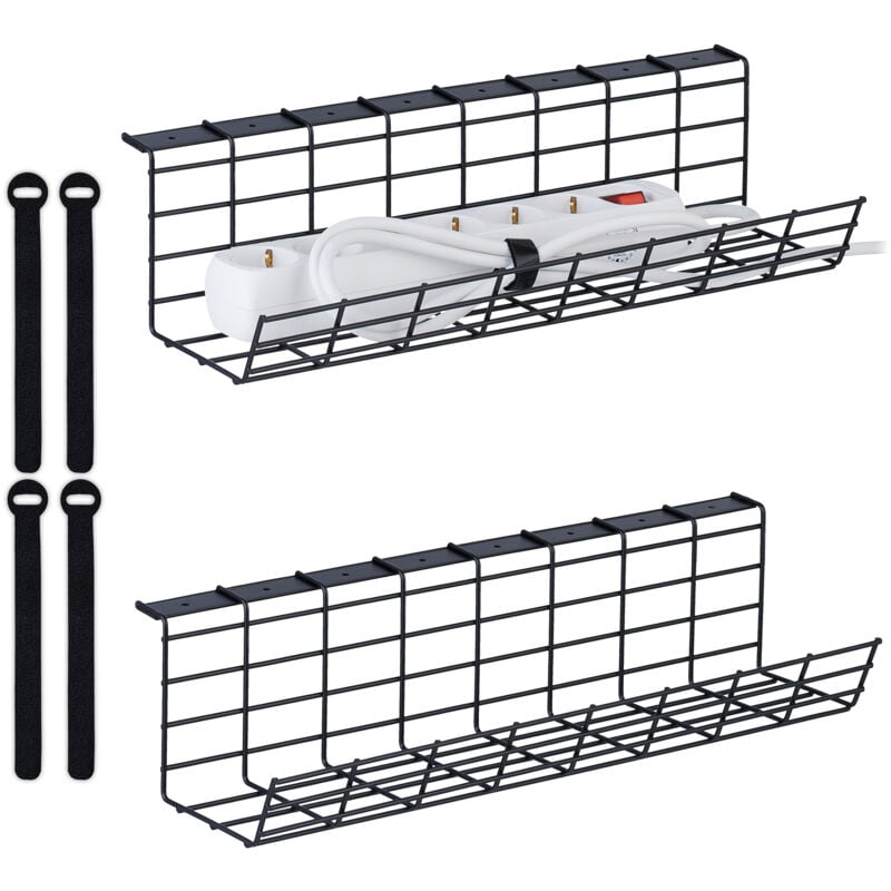 Organiseur passe-câbles, lot de 2, goulotte chargeurs, HxLxP : 11 x 43 x 14 cm, attache-câbles, support, noir - Relaxdays