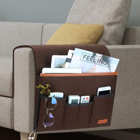 Organiseur pour Accoudoir de Canapé, Sac De Fauteuil Rangement avec 5 Poches, Housse de Chaise pour Télécommande, iPad, Magazine, Lunettes (Brun)