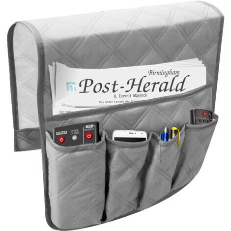 Organiseur pour Accoudoir de Fauteuil, Canapé Chaise Protetor Housse, Suspendre Poches Economie D'espace, Sac De Rangement Antidérapant pour Téléphone, Livre, Magazines, Télécommande TV, Gris