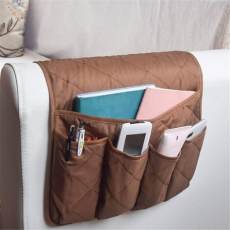 Organiseur pour Accoudoir de Fauteuil, Canapé Chaise Protetor Housse, Suspendre Poches Economie D'espace, Sac De Rangement Antidérapant pour Téléphone, Livre, Magazines, Télécommande TV, Marron