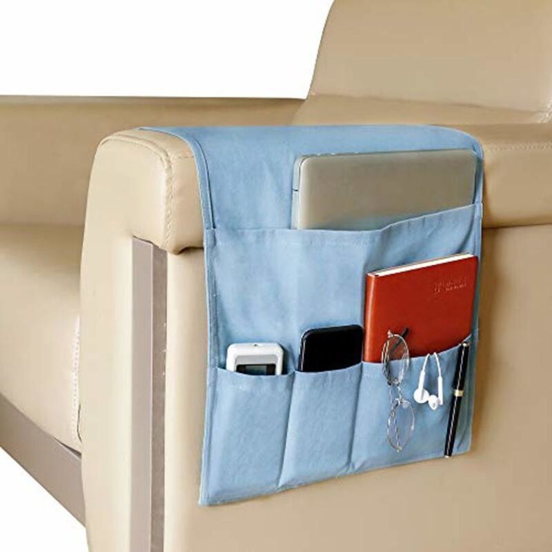 Organiseur pour Canapé et Fauteuil, Support pour télécommande, Sofa Accoudoir Caddy avec 5 Poches, Sac de Rangement à, Bleu