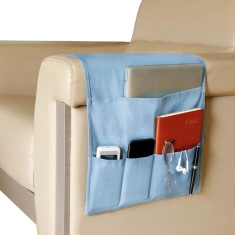 Organiseur pour Canapé et Fauteuil, Support pour télécommande, Sofa Accoudoir Caddy avec 5 Poches, Sac de Rangement à Suspendre D'accoudoir pour Magazine, Livres, Des lunettes, Bleu