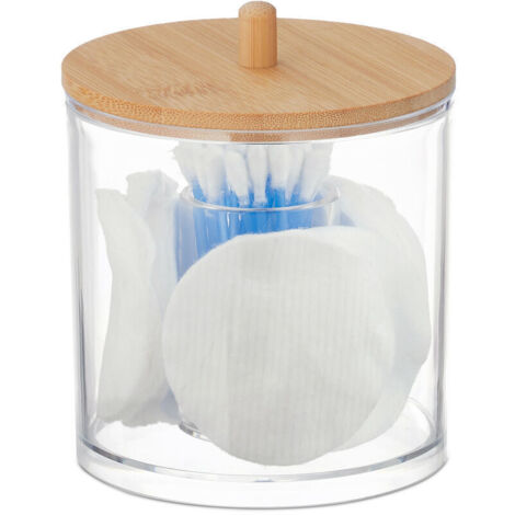 Organiseur pour cotons-tiges et disques démaquillants Relaxdays – plastique transparent avec couvercle en bambou naturel