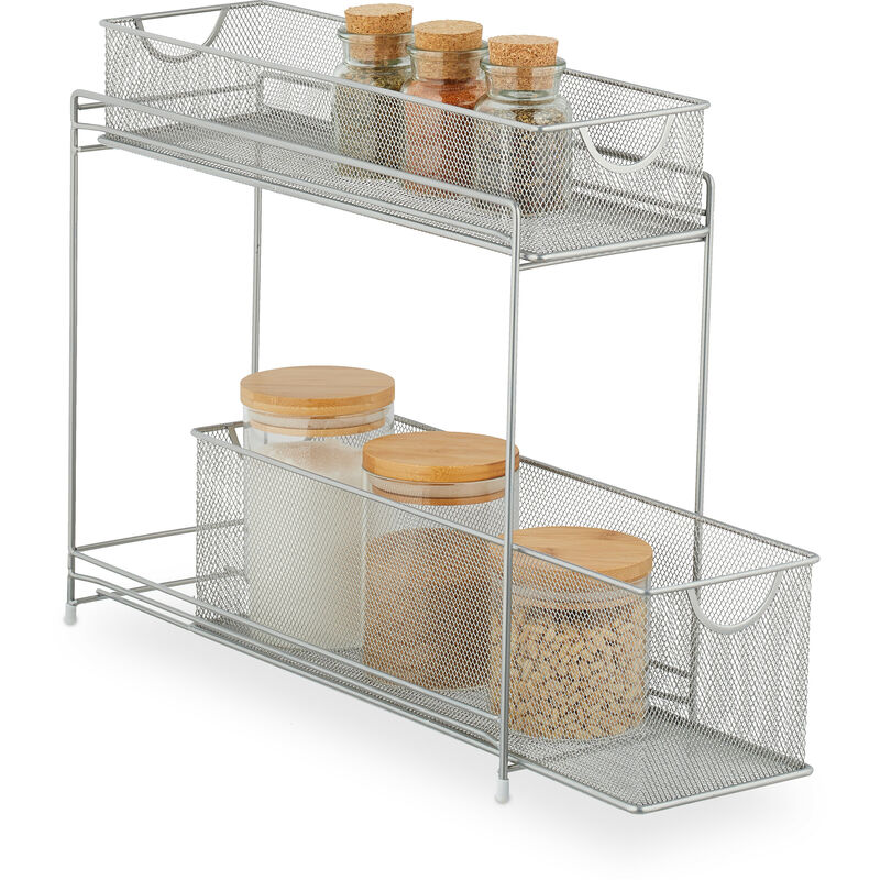 Organiseur pour placard de cuisine, corbeilles coulissantes, 2 tiroirs, métal, HxLxP: 40x15x46 cm, argenté - Relaxdays