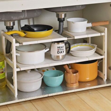 Organiseur sous évier - Blanc - 2 étages - Acier - 40x27.5x(40-70)cm - Multifonctionnel