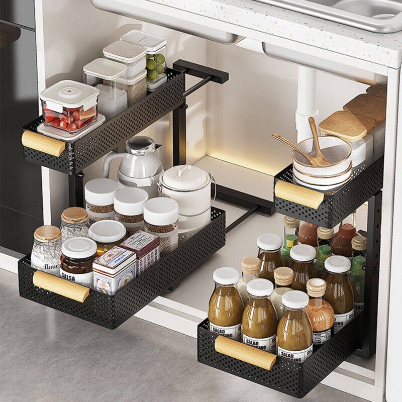 Organiseur sous évier de cuisine, étagère coulissante à 2 niveaux pour évier, porte-bouteilles d'épices, organiseur de tiroir coulissant réglable en