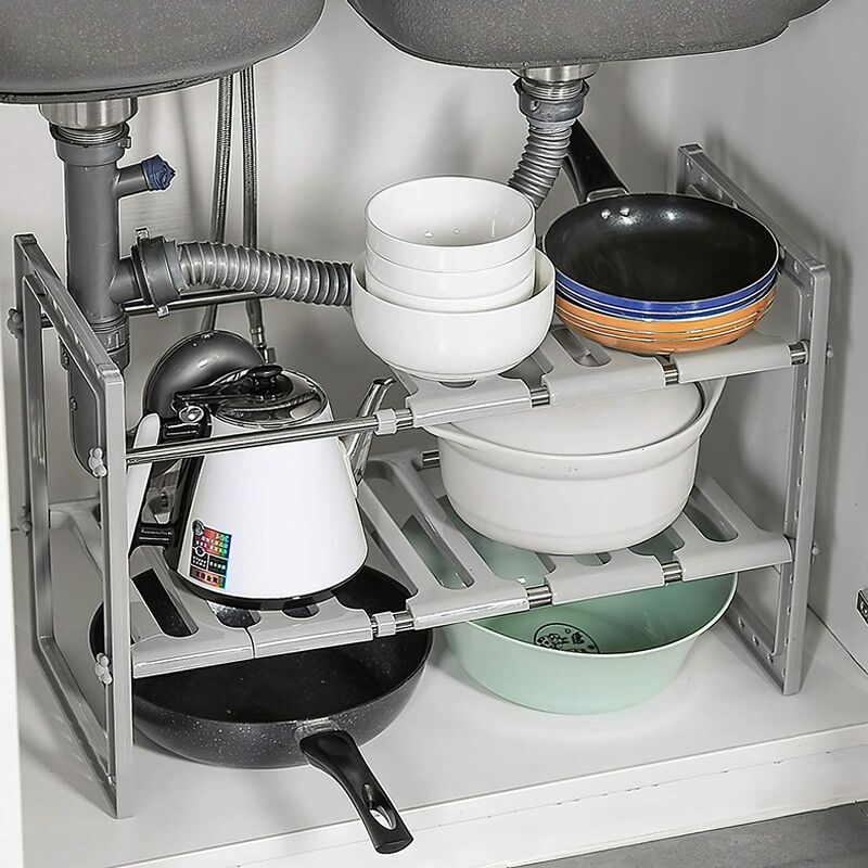 Organiseur sous évier extensible 2 étages amovibles multifonctionnel pour cuisine 38x26x(38-70)cm gris