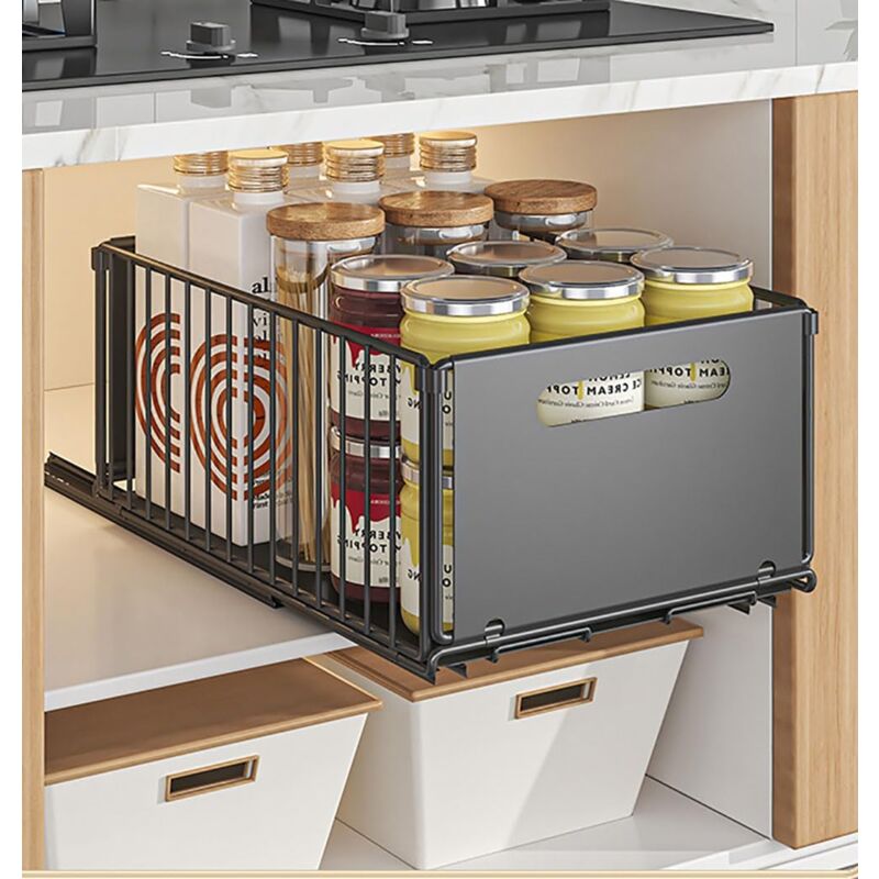 Organiseurs de Tiroirs de Cuisine Tiroir Coulissant Placard de Cuisine Organiseurs Tiroirs (Noir, 1pièce 38Dx25Wx19H CM)
