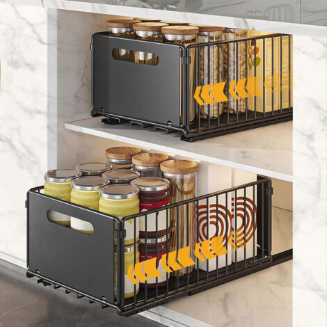 Organiseurs de Tiroirs de Cuisine Tiroir Coulissant Placard de Cuisine Organiseurs Tiroirs (Noir, 2pièce 38Dx25Wx19H CM)