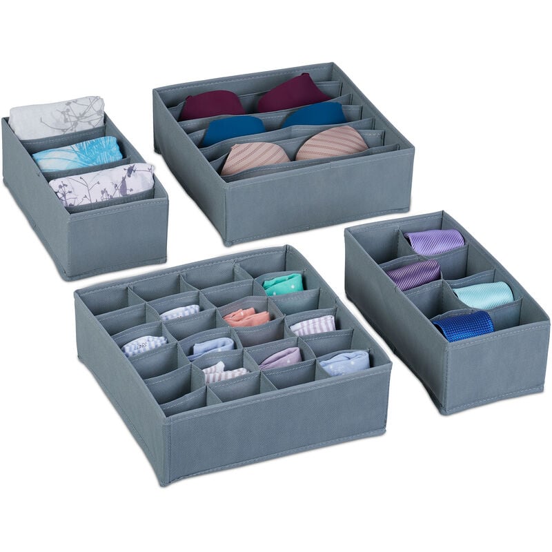 Relaxdays - Organiseurs de tiroirs, lot de 4 boîtes de rangement pour sous-vêtements, armoire & tiroirs, gris