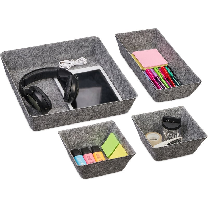 Relaxdays - Organiseurs pour tiroirs, 4 compartiments de rangement pour le bureau, 3 tailles, contenants en feutre, gris