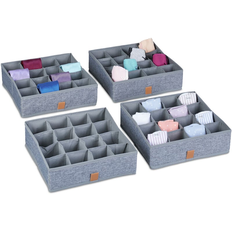 Relaxdays organiseurs sous-vêtements, lot de 4, pour chaussettes, cravates, foulards, boîtes de rangement, armoire, gris