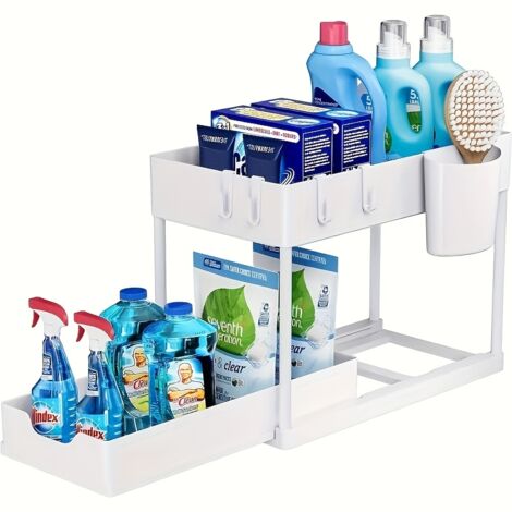 Organizador de 1 pieza para debajo del fregadero, organizador para armario de baño, cesta deslizante de 2 niveles, cestas multiusos para baño, color blanco.