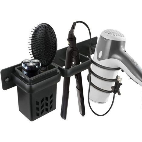 Organizador de accesorios para secador de pelo y plancha de pelo, estante profesional de aluminio con orificios para montaje en pared, color plata y negro.
