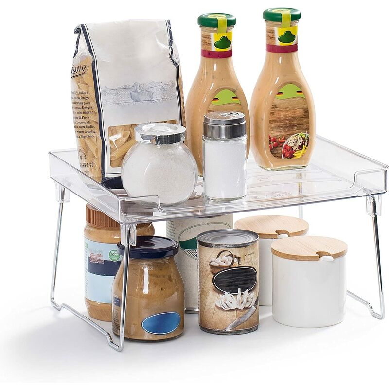 

Organizador de armario, estante de cocina, almacenamiento de baño, almacenamiento de maquillaje, plástico y metal duraderos, transparente y cromado