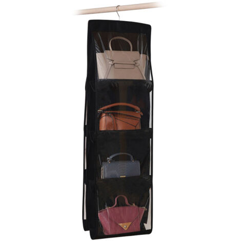 Organizador de bolsos con 4 compartimentos, 8 bolsillos y gancho metálico, a prueba de polvo, para un almacenamiento óptimo en tu armario o vestidor (negro).