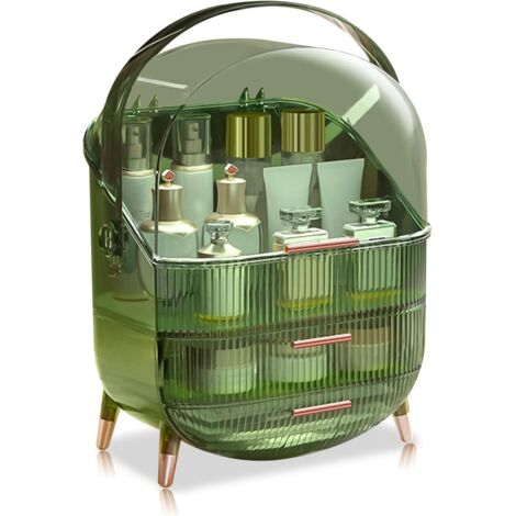 Organizador de botellas altas de gran capacidad, resistente al polvo, serie retro, cajones de escritorio para maquillaje, caja de plástico para guardar joyas y cosméticos - Verde retro