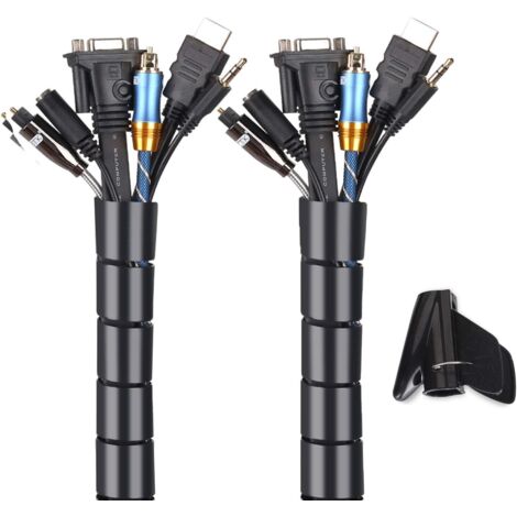 Organizador de cables flexible (2 unidades, 2 x 2 m, polietileno) para organizar u ocultar cables, fundas para cables (2,2 cm de diámetro y 2,8 cm de diámetro), color negro.