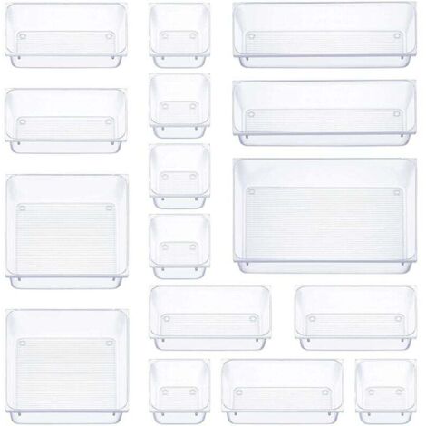 Organizador de cajones de 16 piezas, 5 tamaños, organizador de maquillaje antideslizante, para oficina, tocador, baño y cocina (transparente)