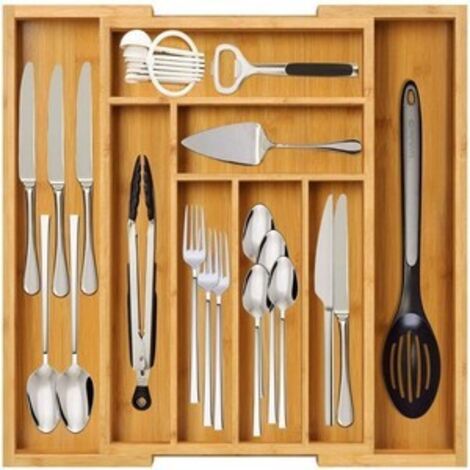 Organizador de cajones para utensilios, extensible, bandeja para cubiertos de bambú ranurada, para baño.