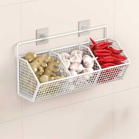 Organizador de cebolla, jengibre y ajo - Cesta para verduras blanca de pared, especiero de hierro, 368,415,3 cm