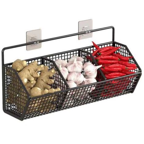 Organizador de cebolla, jengibre y ajo - Cesta para verduras de pared negra, especiero de hierro, 368,415,3 cm