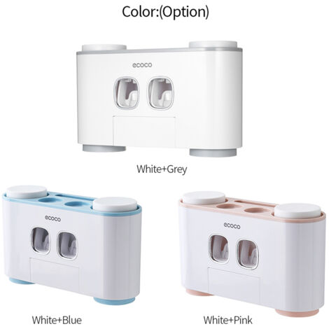Organizador de cepillos de dientes de pared con dispensadores de pasta de dientes, 5 compartimentos y 4 vasos, estante de almacenamiento para baño fabricado en ABS/PS/PP, gris/azul/rosa