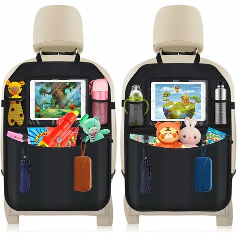 Organizador de coche, 2 protectores de asiento trasero de coche, con bolsillo de almacenamiento transparente para tableta y múltiples bolsillos para un fácil almacenamiento de juguetes/libros/botellas