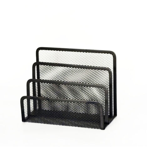 Organizador de correo vertical de malla metálica con 3 compartimentos, para escritorio, color negro, ideal para blocs de notas, tarjetas de visita y cartas.