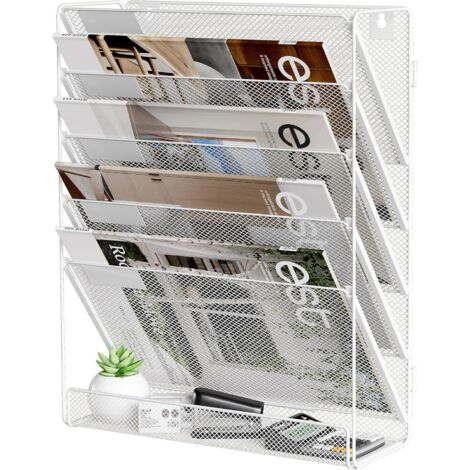 Organizador de documentos de pared de metal de 5 niveles - Organizador de escritorio - Revistero con soporte A4 para papel, correo y documentos - Estante de almacenamiento, blanco (oficina, escuela, h