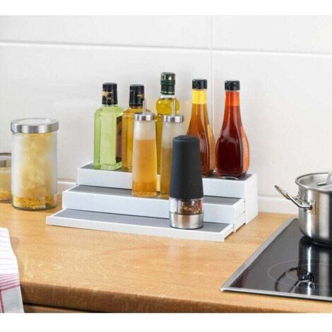 Organizador de encimera de cocina Steps, estante telescópico de 3 niveles para extensión de encimera, superficie antideslizante, plástico, 37 x 8,5 x 8,5-23 cm, blanco y gris