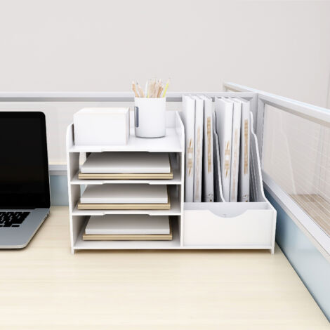Organizador de escritorio, clasificador de papel de 4 capas, organizador y almacenamiento para suministros de oficina, hogar o escuela (blanco)
