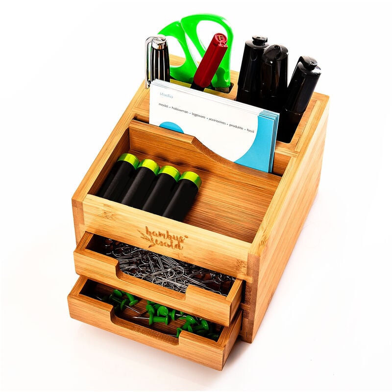 

Organizador de escritorio con 2 compartimentos extraíbles 15 x 9,5 x 12,5 cm 100 % bambú