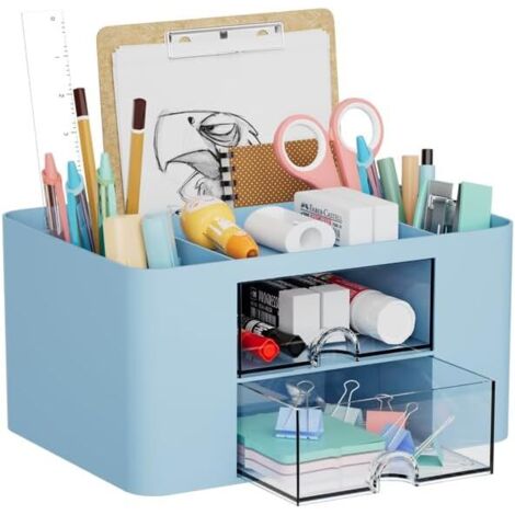 Organizador de escritorio con cajones, portalápices multifuncional de 7 compartimentos, 2 cajones, organizador de escritorio y accesorios (2 cajones azules)