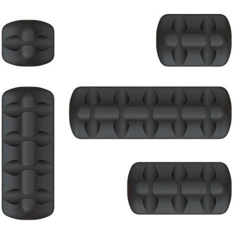 Organizador de escritorio con clips para cables negros (paquete de 5) - Sujetacables de silicona, brida adhesiva resistente, soporte para cargador, ratón, auriculares y cable de teléfono