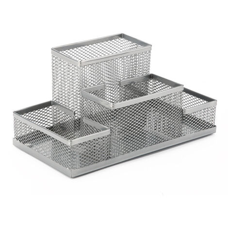 Organizador de escritorio con portalápices y soporte para cuadernos, de malla metálica, color plata.