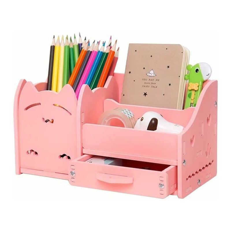 

Abcrital - Organizador de escritorio de gato rosa, lindo organizador de escritorio rosa, organizador de papelería, portalápices rosa, organizador de