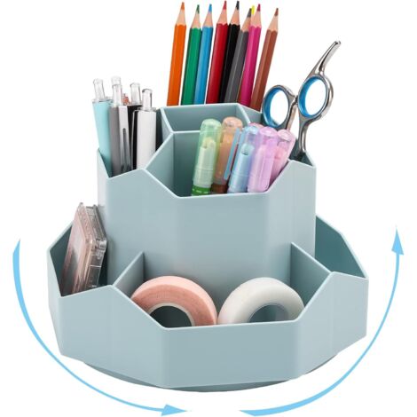 Organizador de escritorio giratorio de 360°, portalápices de 9 compartimentos, azul