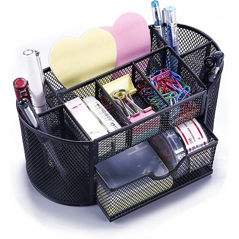 Organizador De Escritorio MINKUROW, Portalápices De Malla Metálica, Suministros De Oficina Con Cajón Y 9 Compartimentos Para Bolígrafos, Borrador, Clips, Notas Adhesivas (Negro)