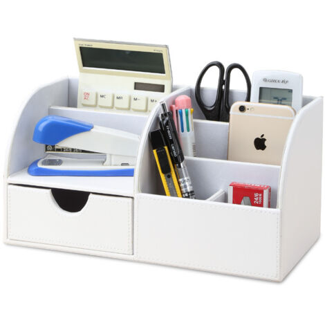 Organizador de escritorio multifuncional de cuero con compartimentos (blanco)