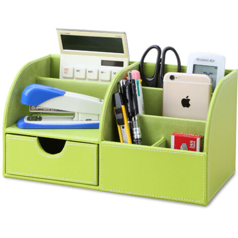 Organizador de escritorio multifuncional de cuero con compartimentos (verde)