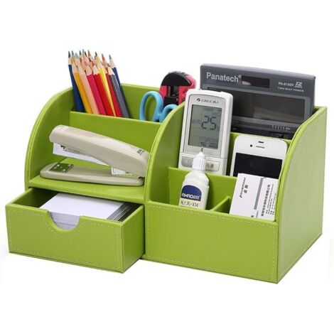 Organizador de escritorio multifuncional de piel sintética con 7 compartimentos de almacenamiento (verde)