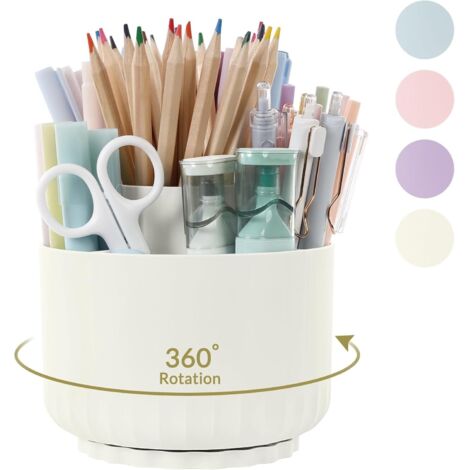 Organizador de escritorio, portalápices giratorio de 360 grados, organizador de bolígrafos de 5 compartimentos, portalápices para oficina, escuela y hogar (Blanco crema)