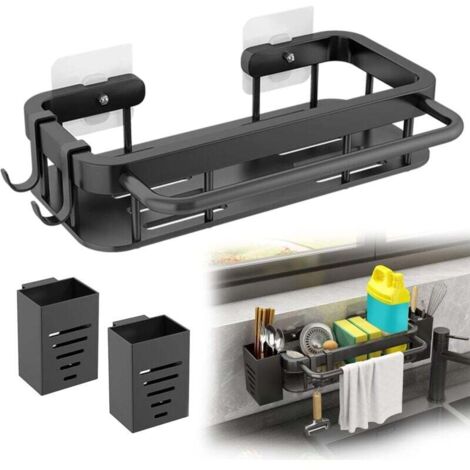 Organizador de fregadero de cocina de acero inoxidable KZQ, soporte para esponja, organizador de esponja negro, con 2 soportes para palillos, organizador para fregadero de cocina y baño.